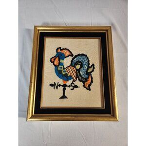 VTG MCM Signed Crewel Embroidery Vibrant Rooster Weathervain Art 15 x 13